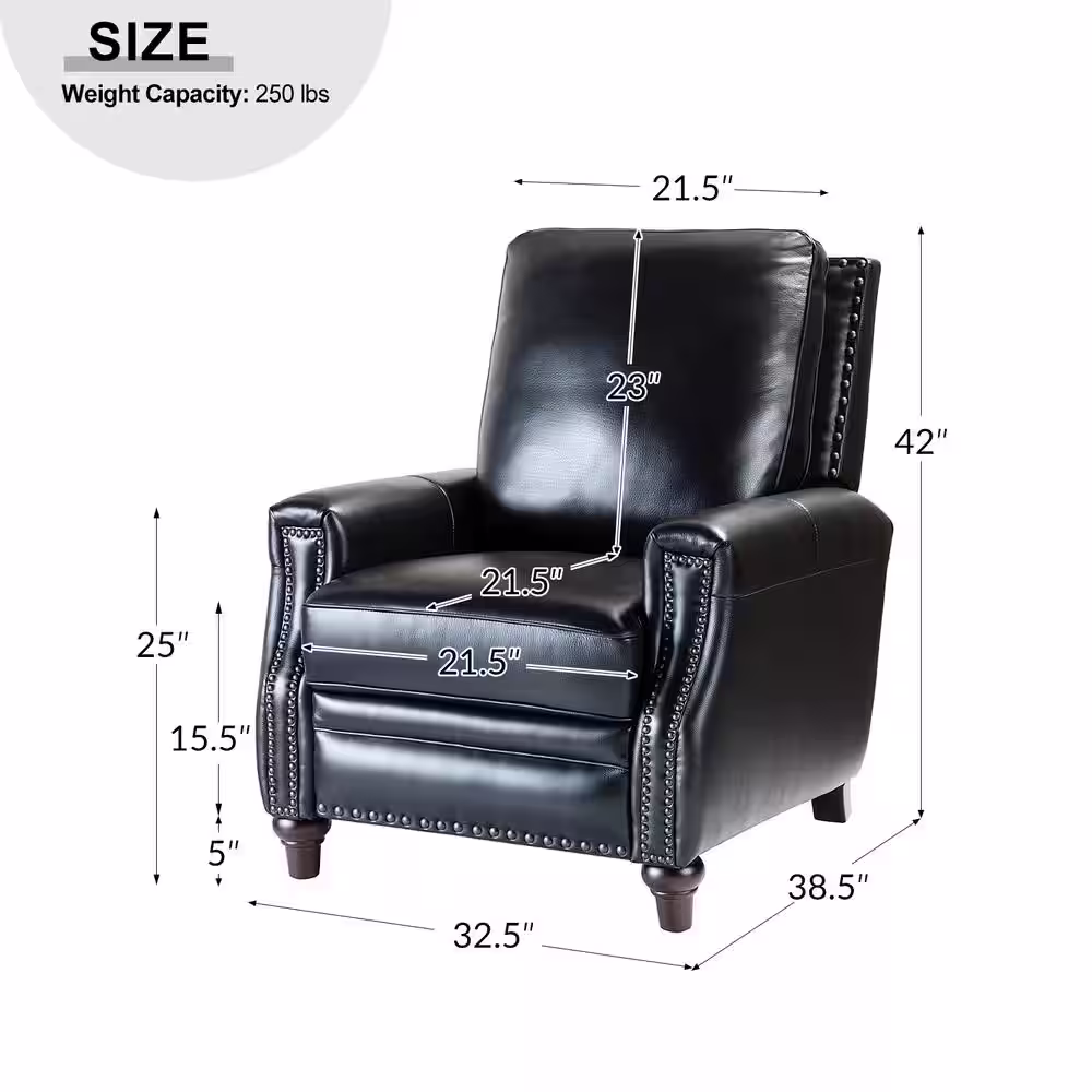 JAYDEN CREATION Theresa Comfy Black Manual 3-Position Cigar Genuine Leather Recliner with Nailhead Trim and Solid Wooden Legs Set of 2