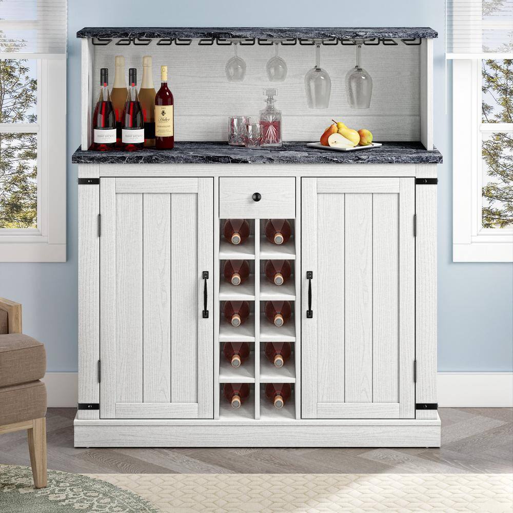 None 47 in. Cut-Off White Wood Buffet Bar Cabinet with Wine Rack with Granite Pattern Countertop