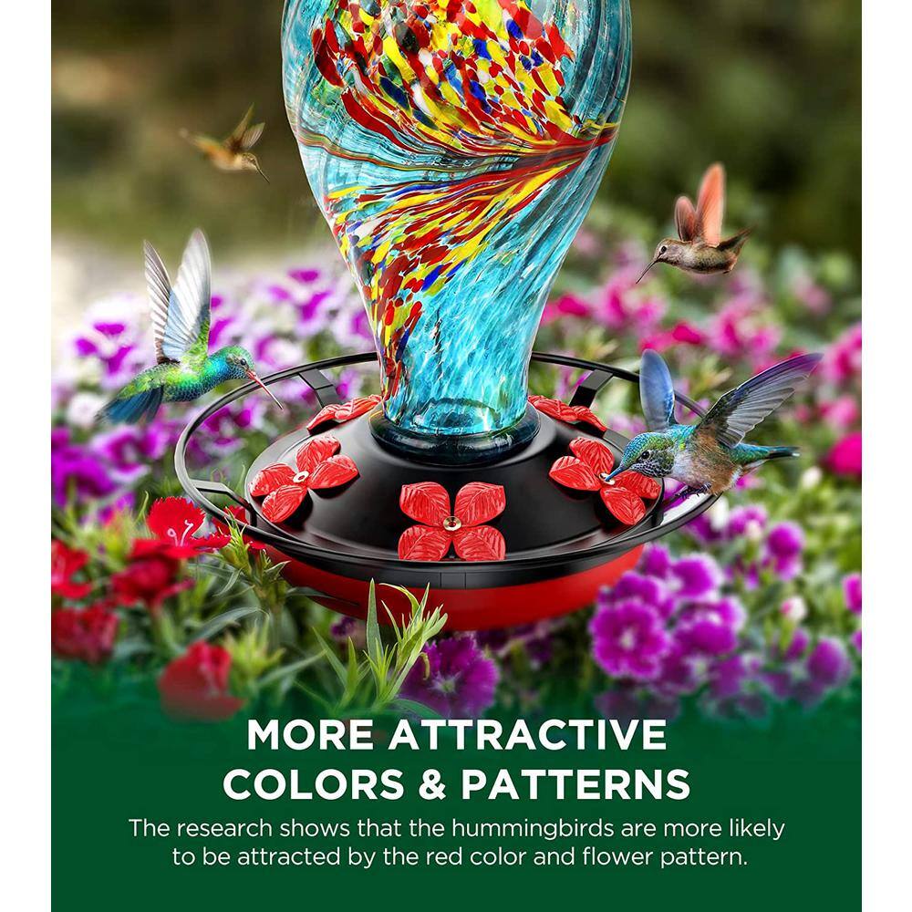 None 30 oz. Leakproof Humming Bird Feeder, Hand Blown Glass Hummingbird Feeder With Rustproof Base and Ant Moat