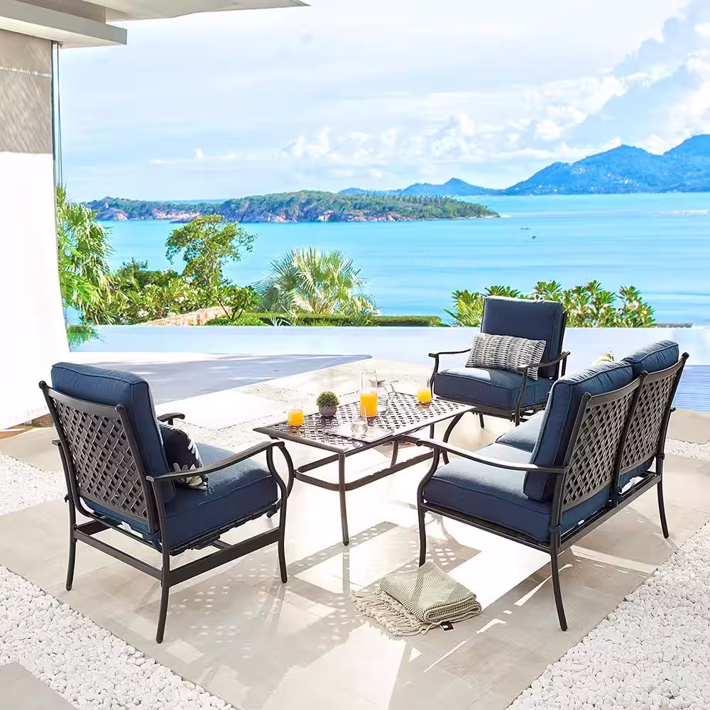 TOP HOME SPACE 4-Piece Metal Patio Conversation Set with Blue Cushions