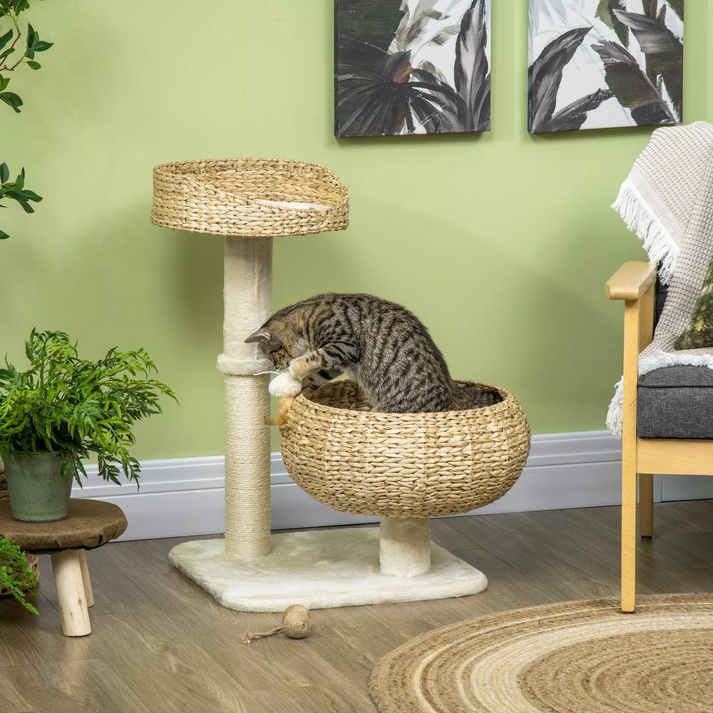 PawHut Cat Tree, Kitty Activity Center, Cat Climbing Toy with Cattail Beds Sisal Scratching Post Ball Toy, Beige