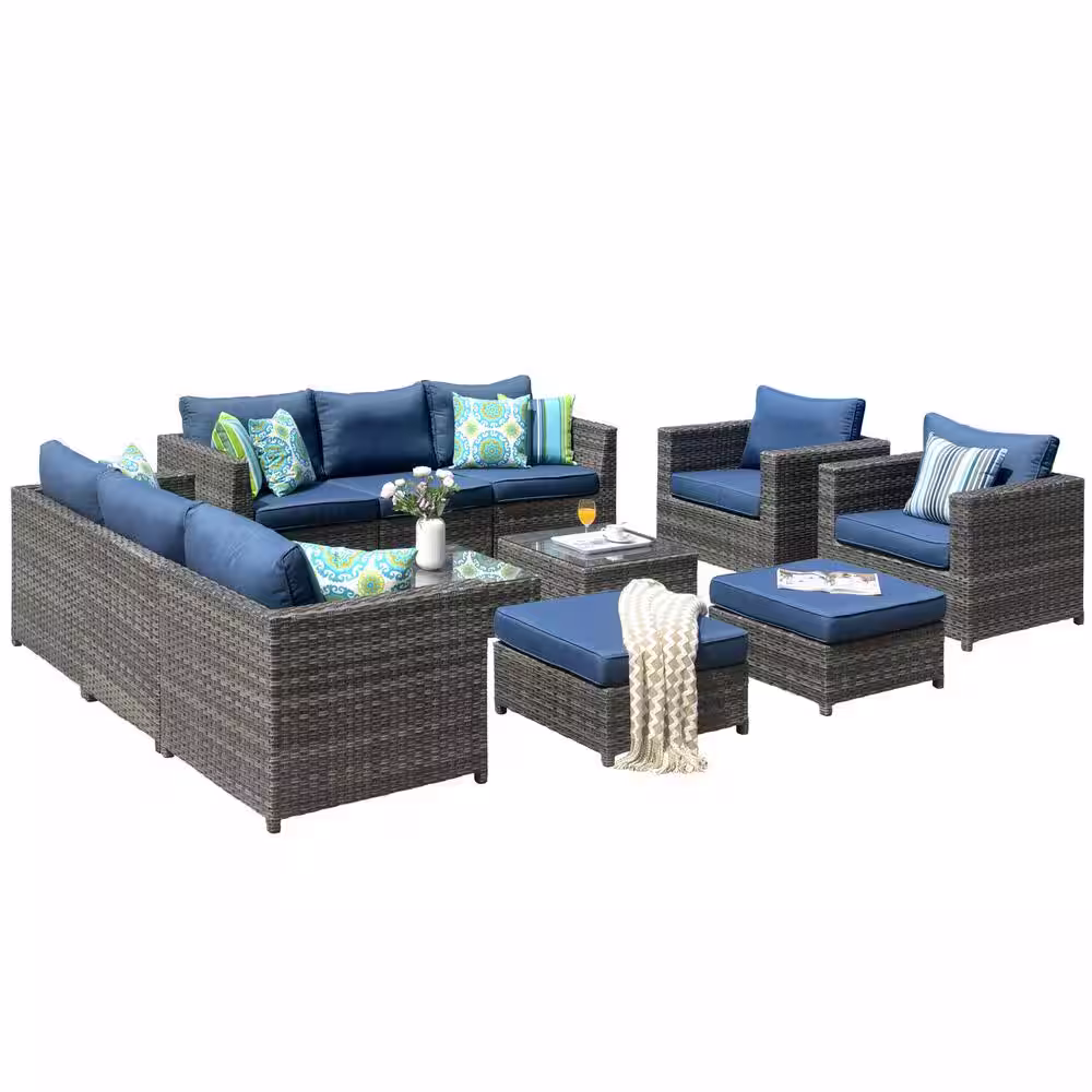 XIZZI Uranus Gray 12-Piece Wicker Outdoor Patio Conversation Seating Set with Denim Blue Cushions