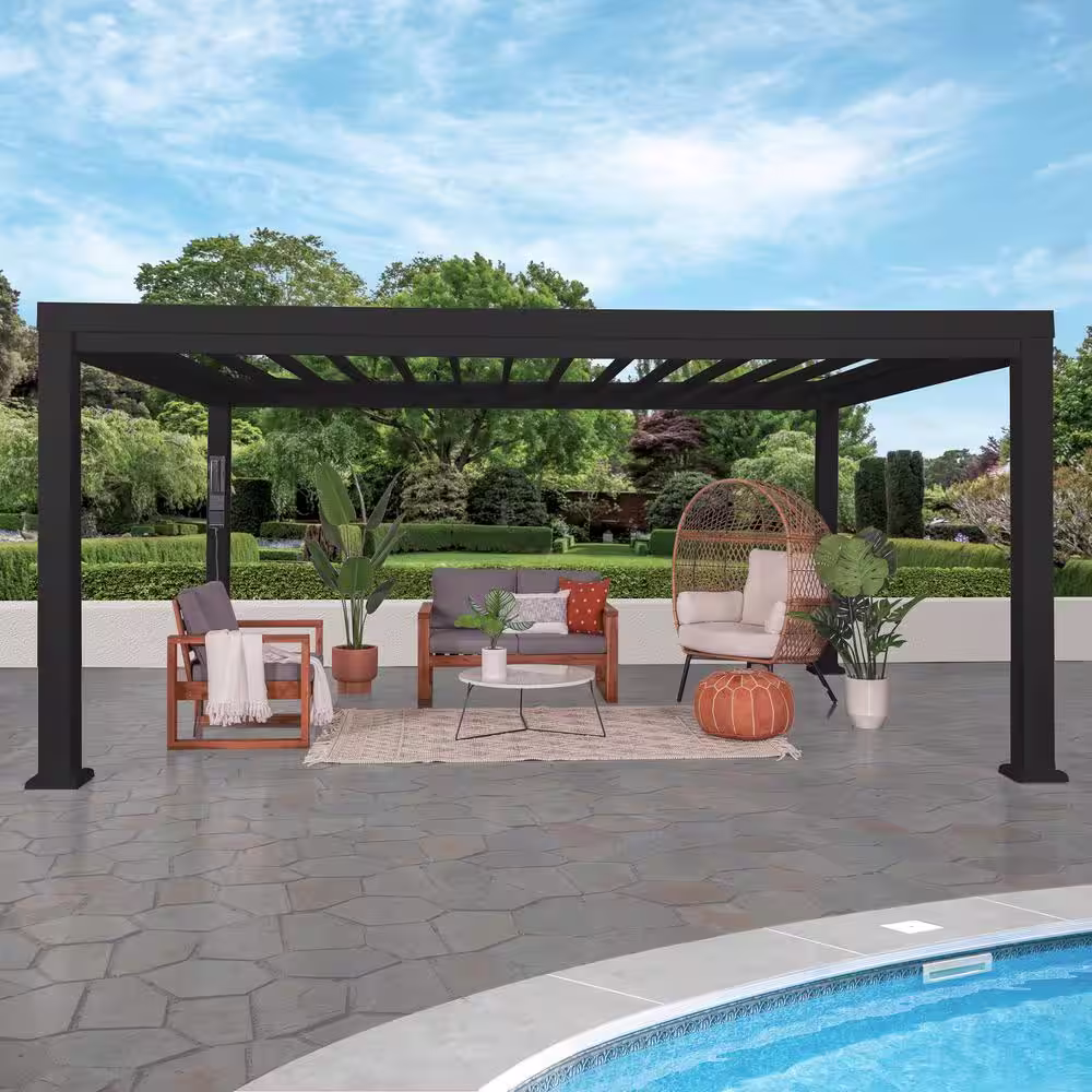 None Trenton 16 ft. x 12 ft. Black Steel Modern Pergola with Sail Shade Soft Canopy