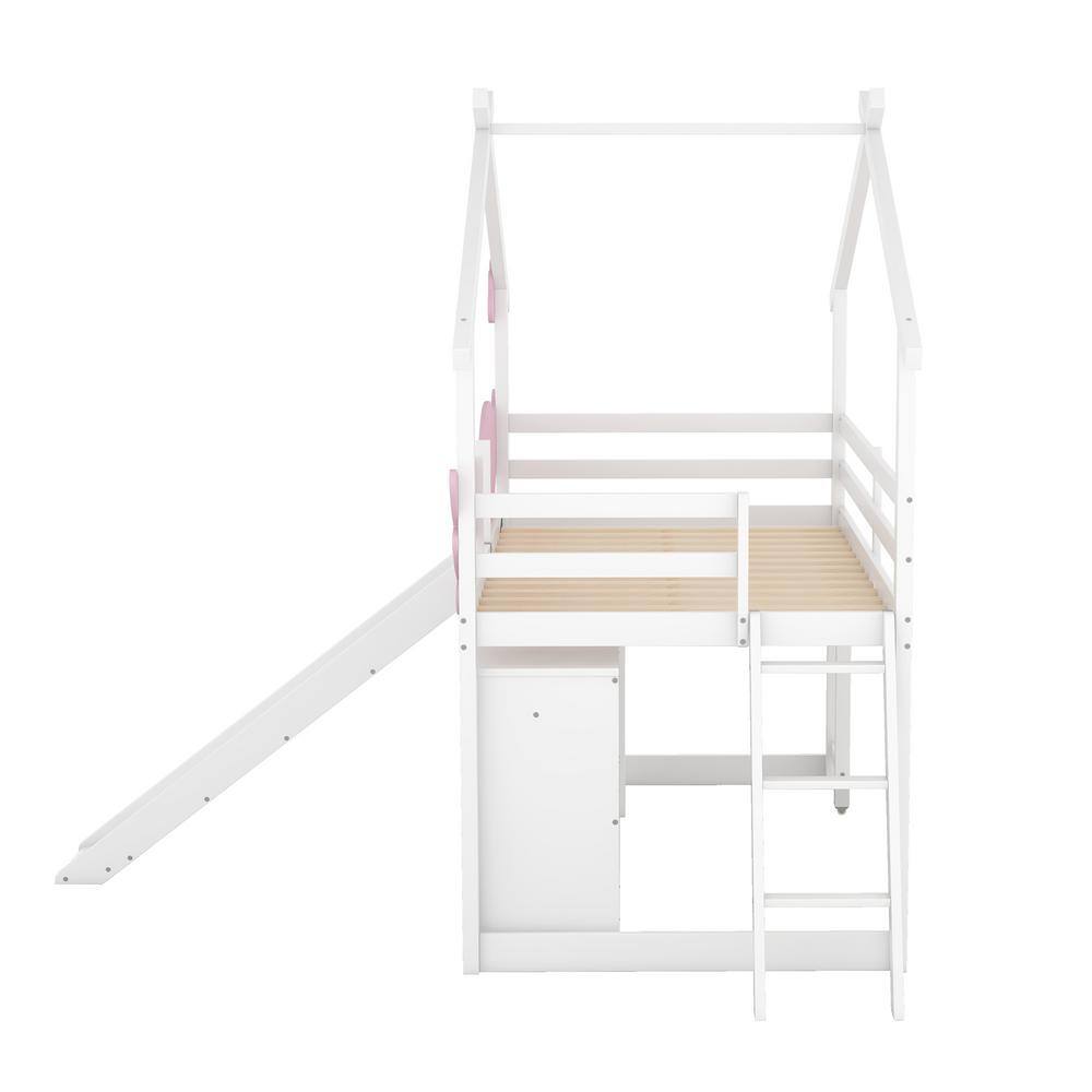 Harper & Bright Designs White Wood Frame Twin Size House Loft Bed with Pullable Desk, Wardrobe, Slide, Ladder and Fence with Pink Wings
