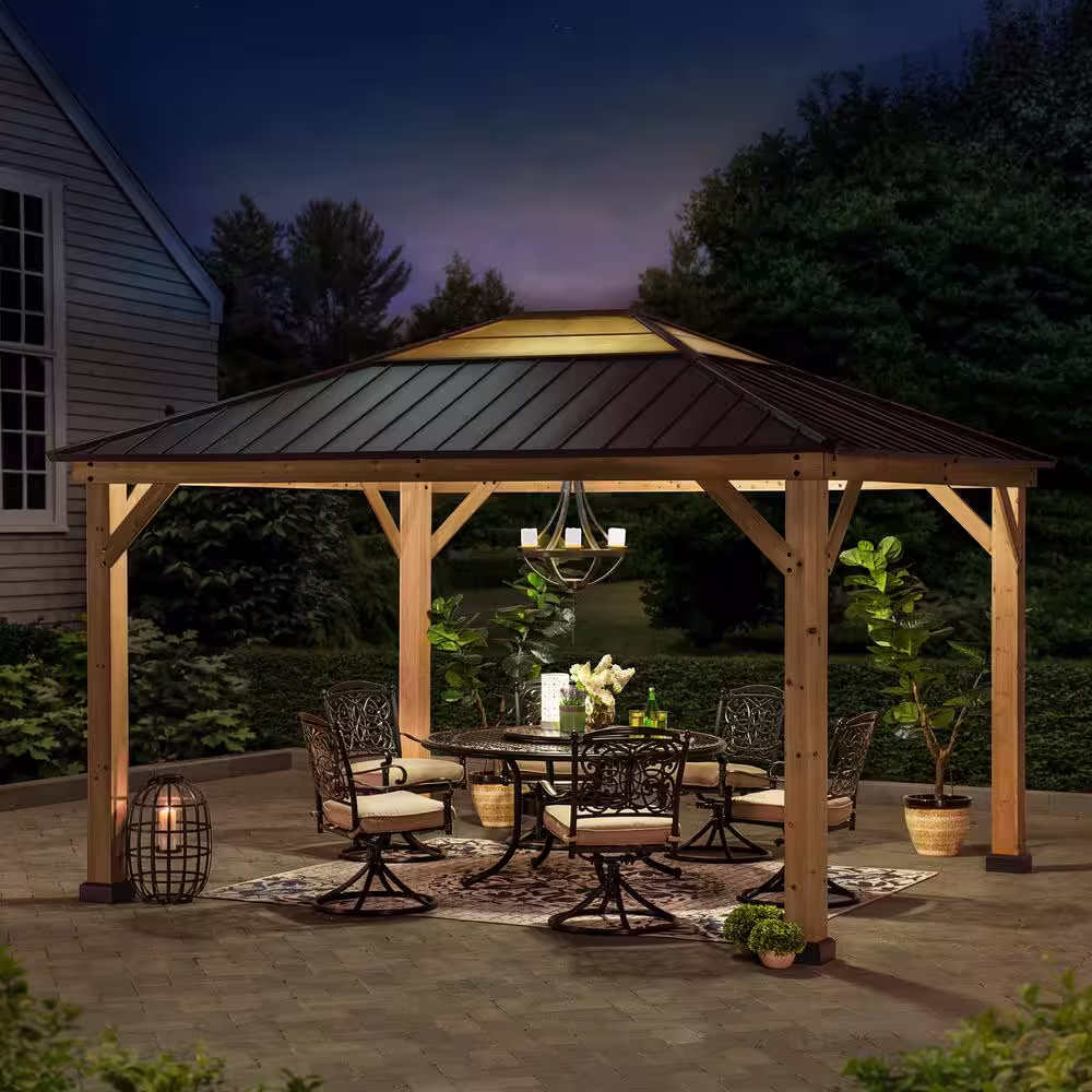 Sunjoy Imani 11 ft. x 13 ft. Cedar Framed Gazebo with Brown Steel and Polycarbonate Hip Roof Hardtop