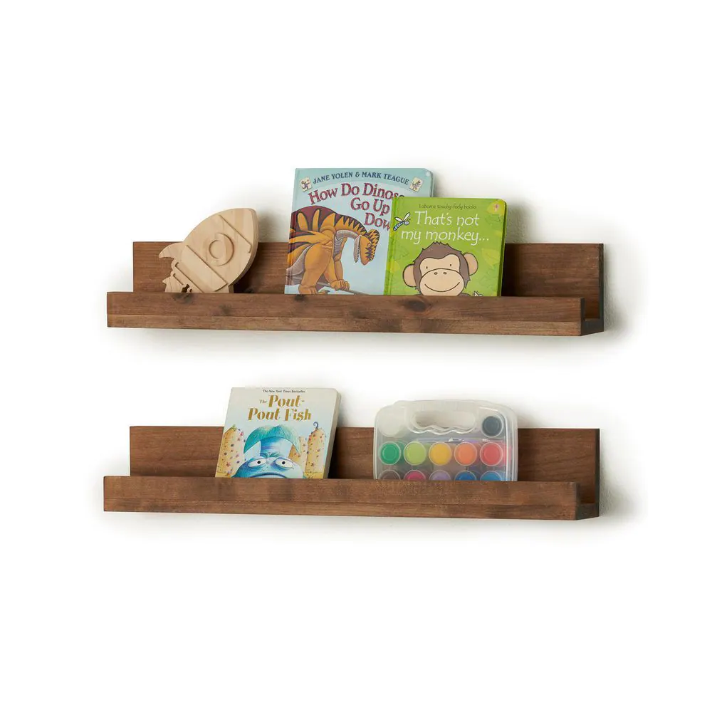 None 4 in. x 28 in. x 4.75 in. Walnut Solid Wood Nursery Floating Bookshelves (Set of 2)