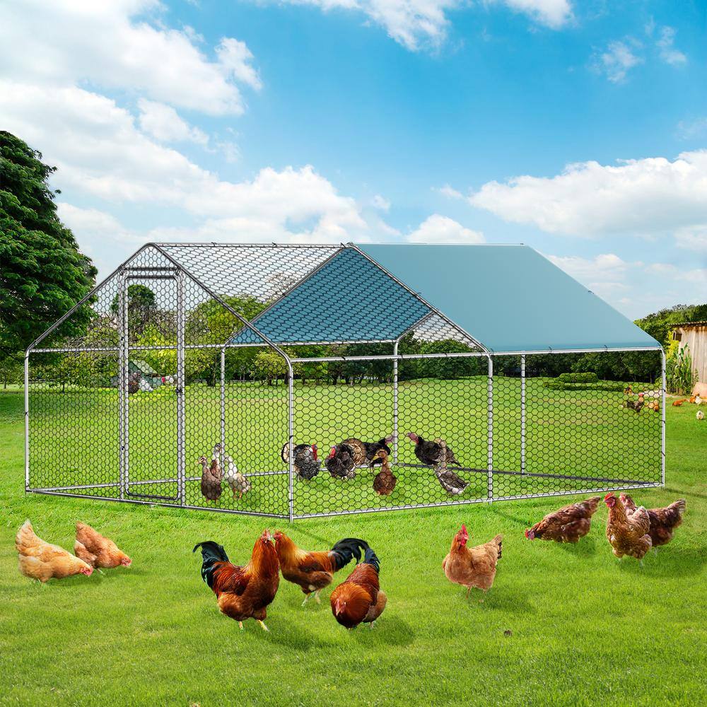 None Large Metal Chicken Coop Run for 10/15 Chickens, Walk-in Chicken Runs for Yard w/Waterproof Cover, Duck Coop/Dog House