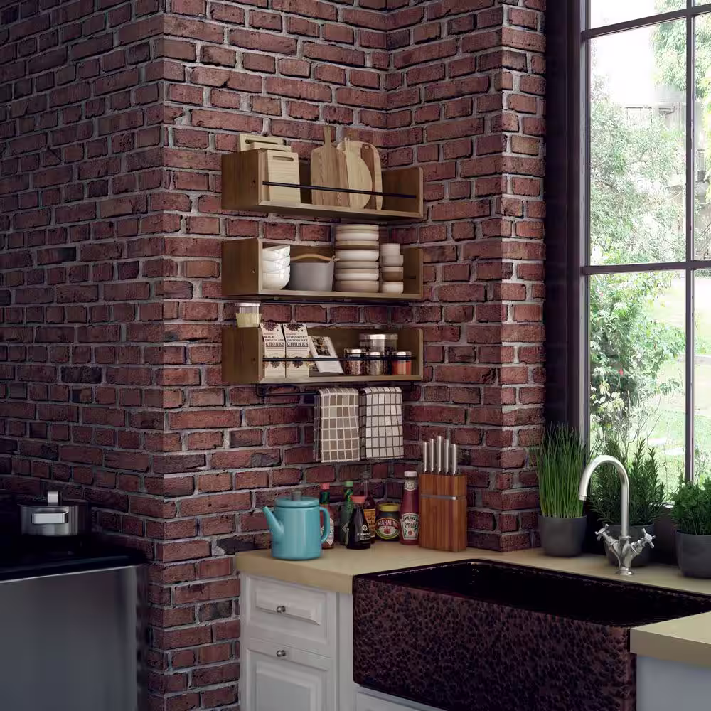 Rustic State Wooden Wall Shelf with Metal Rail :Walnut Hand-Stained