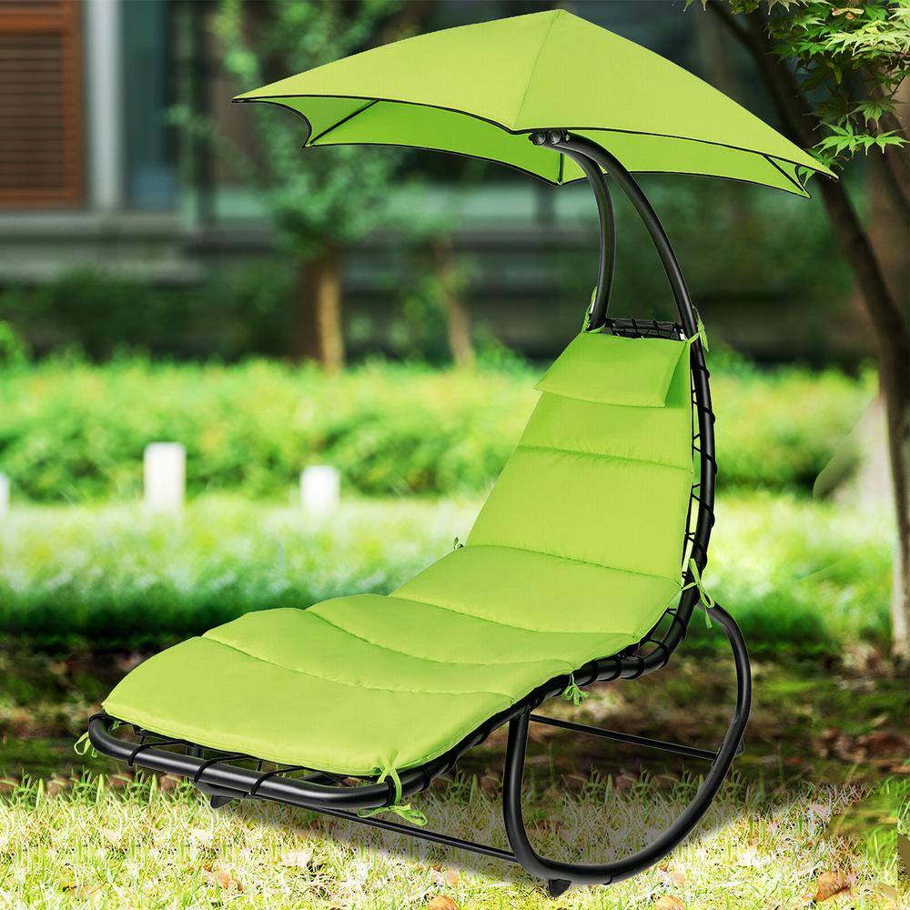 SUNRINX 6 ft. Free Standing Patio Hammock Chair Floating Hanging Chaise Lounge Chair with Green Canopy and Built-in Pillow