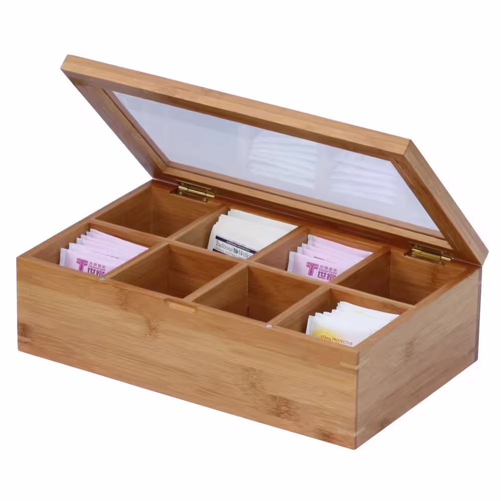 Oceanstar 8-Compartment Bamboo Tea Box with Hinged Lid