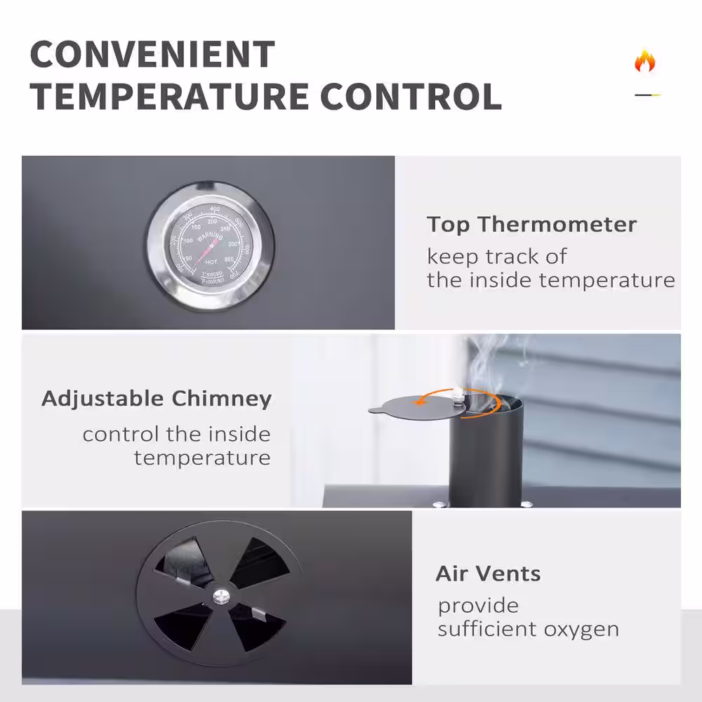 Outsunny Metal Charcoal Smoker in Black Grill BBQ with Adjustable Height and Folding Shelves