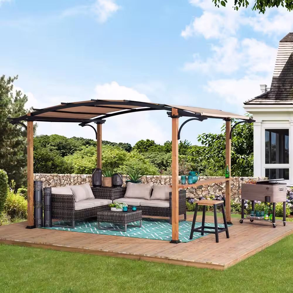 Sunjoy Alamo 8.5 ft. x 13 ft. Steel Arched Pergola with Natural Wood Looking and Tan Shade