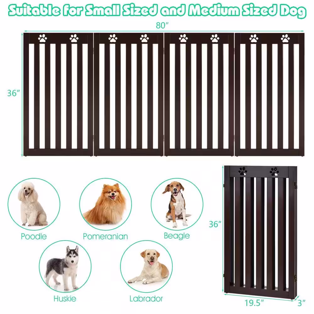 ANGELES HOME 36 in. Folding Wooden Freestanding Pet Gate with 360Â° Hinge