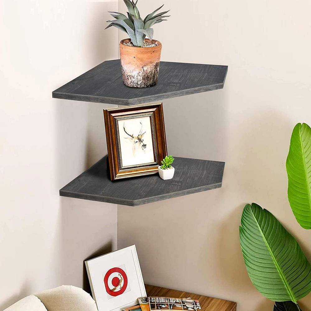 None 16.5 in. W x 10.4 in. D Grey Wood Decorative Wall Shelf Corner Shelf Wall Mount, Set of 2