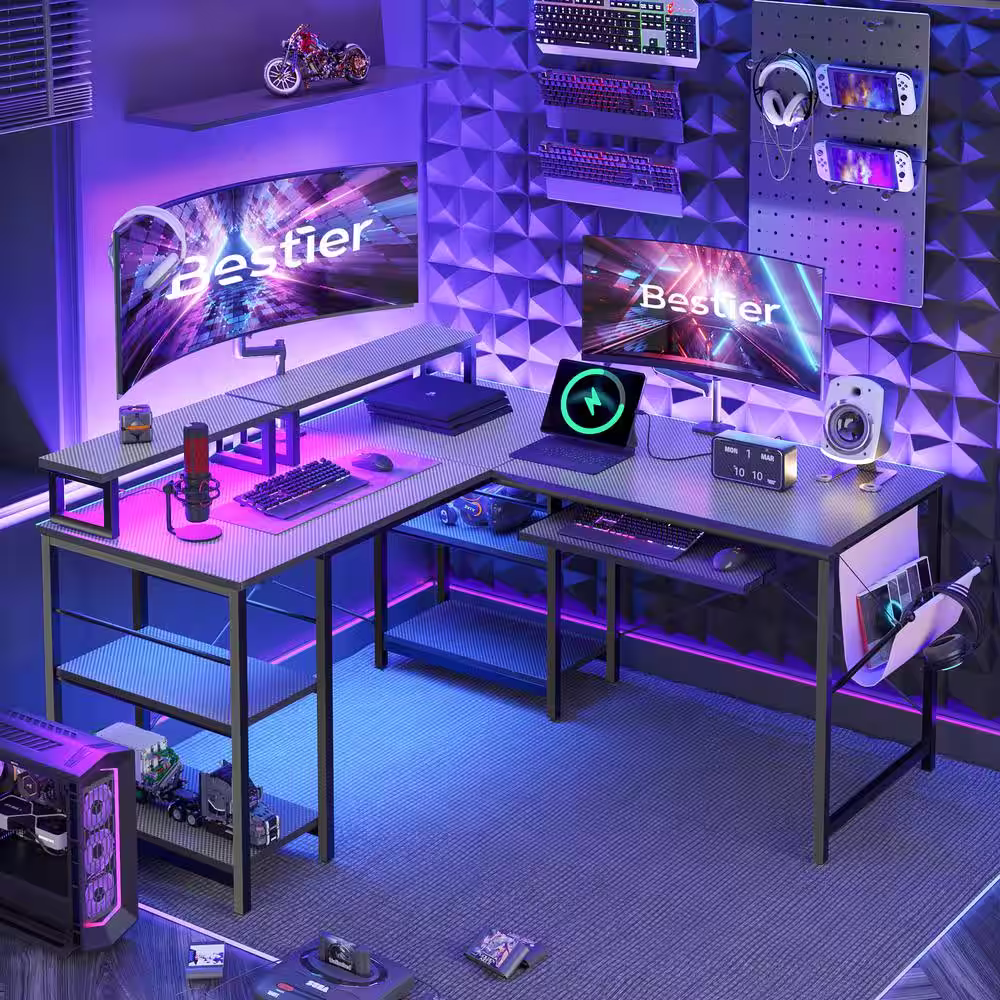 Bestier L-Shaped Desk LED 95.2 in. Computer Corner Desk with Keyboard Tray Monitor Stand Gaming Carbon Fiber