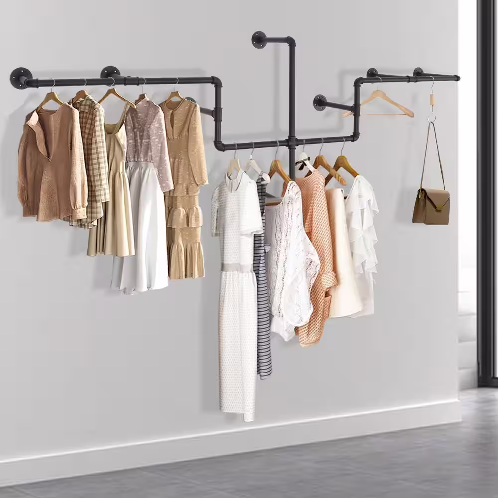 None Black Iron Wall Mounted Clothes Rack 85.83 in. W x 30.71 in. H