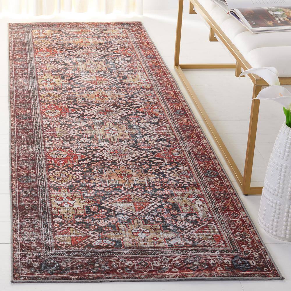 SAFAVIEH Tucson Navy/Rust 3 ft. x 14 ft. Machine Washable Floral Border Runner Rug