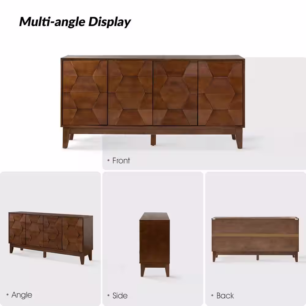 JAYDEN CREATION Kamis Modern Walnut 60 in. Hexagonal Embellishments Sideboard with Solid Wood Legs
