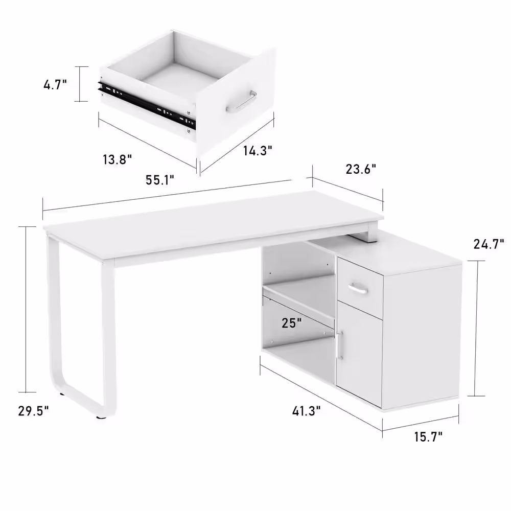 None L-Shaped White Wooden Commercial Writing Desk, with 1 Drawer, Open Shelves and Eco-Friendly Paint Finish, 55.1 in. W