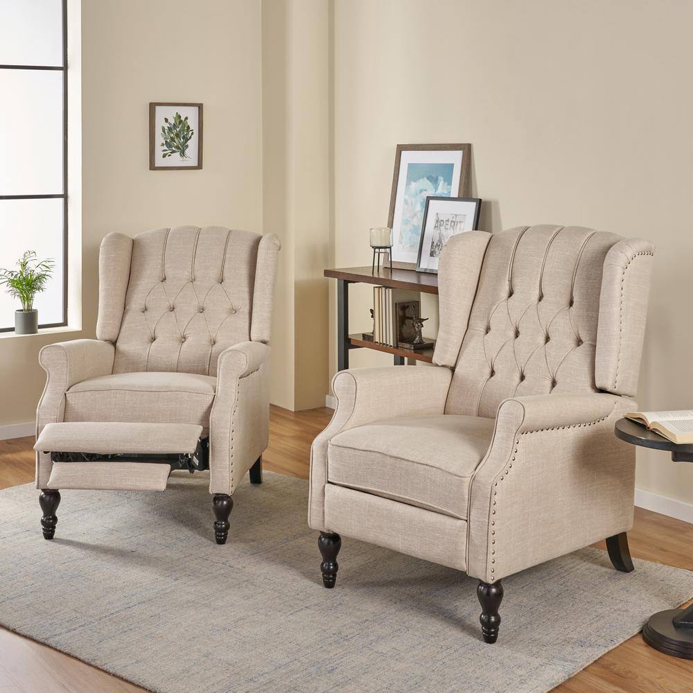 Noble House Walter Beige and Dark Brown Wingback Tufted Recliner (Set of 2)