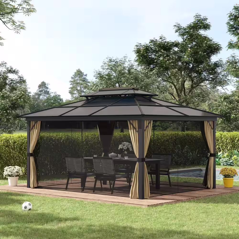 Outsunny 15 ft. x 11 ft. Beige Patio Gazebo with Hardtop Canopy, Double Vented Roof, Netting, Curtains