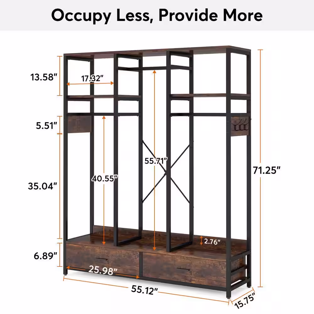 None Billie Dark Brown Closet Rack with 2-Drawers, 2-Shelves and 6 Hooks