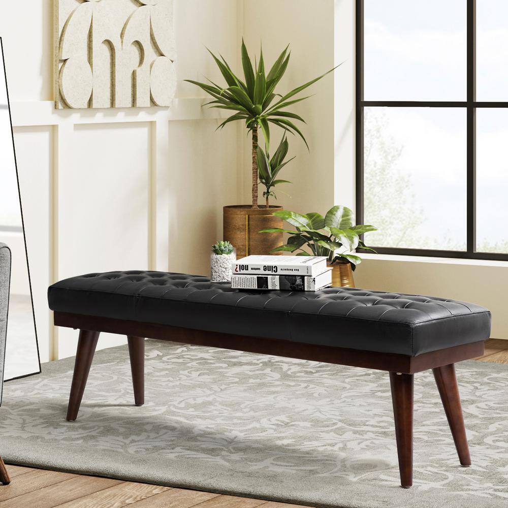 JAYDEN CREATION Paula 55.5 in. Wide Black Genuine Leather Bedroom Bench with Solid Wood Base