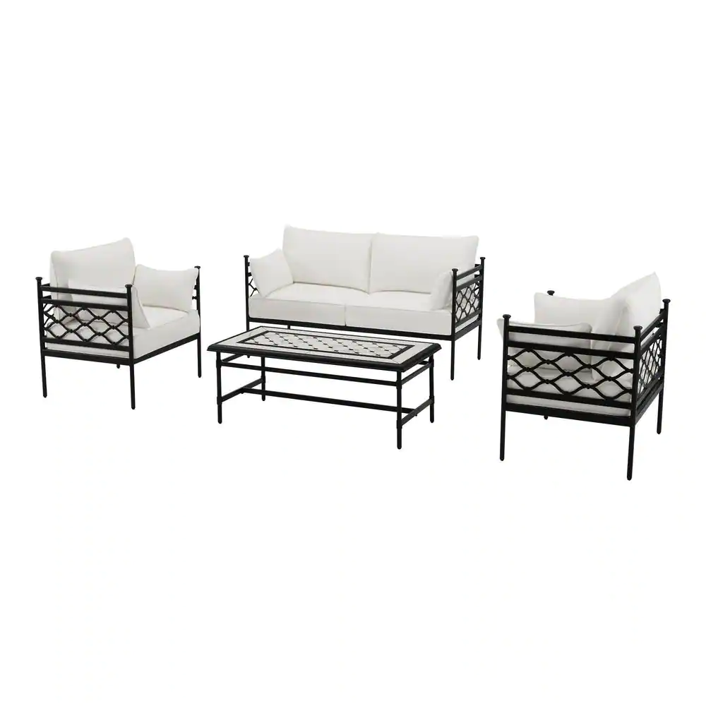 Home Decorators Collection Wakefield 4-Piece Reinforced Aluminum Outdoor Conversation Set with Natural White Cushions