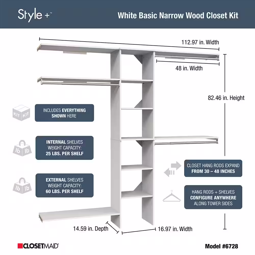 ClosetMaid Style+ 64.9 in W - 112.9 in W White Basic Narrow Wood Closet System Kit