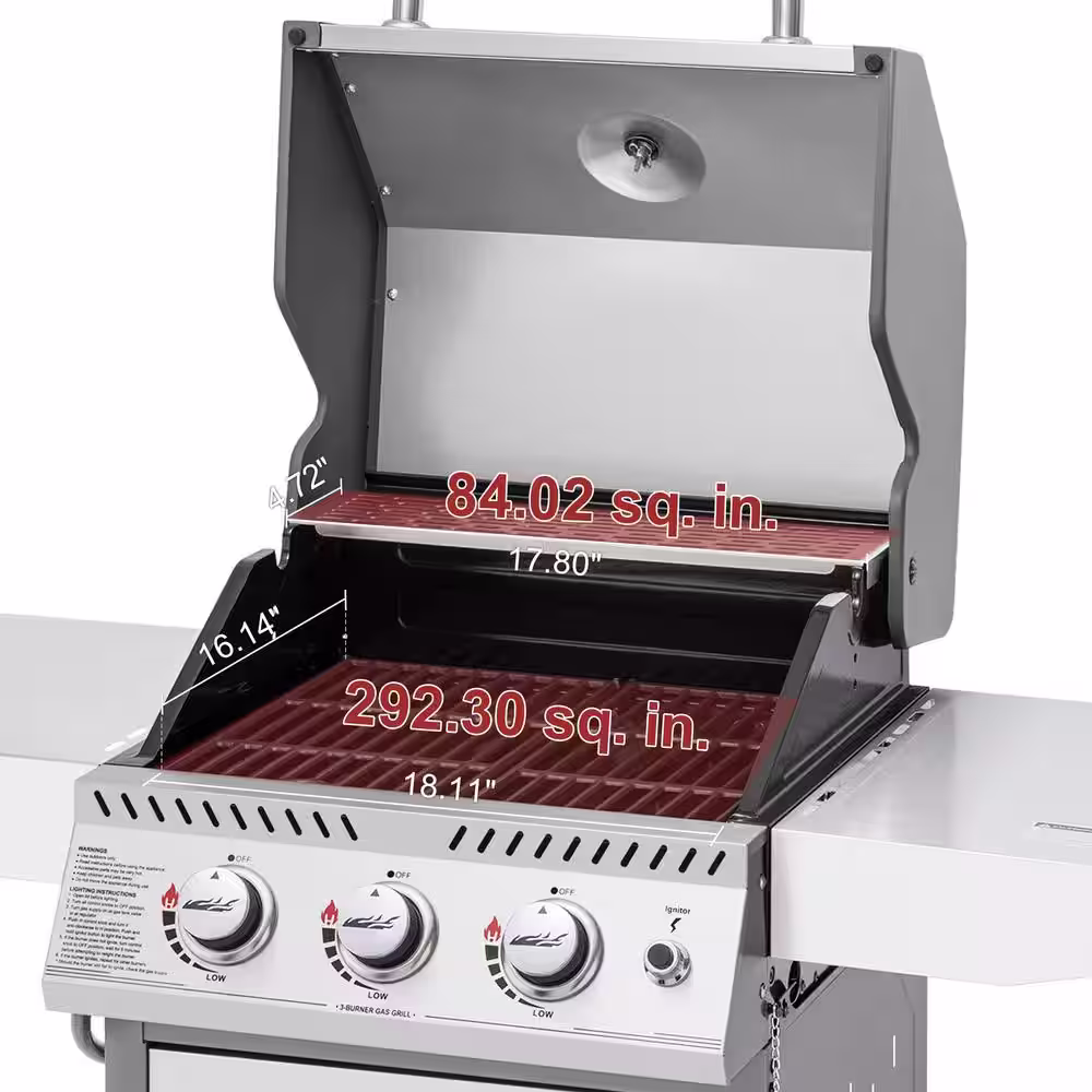 Royal Gourmet Stainless Steel 3-Burner Propane Gas Grill, 25,500 BTU Cabinet Style Cas Grill with Side Tables