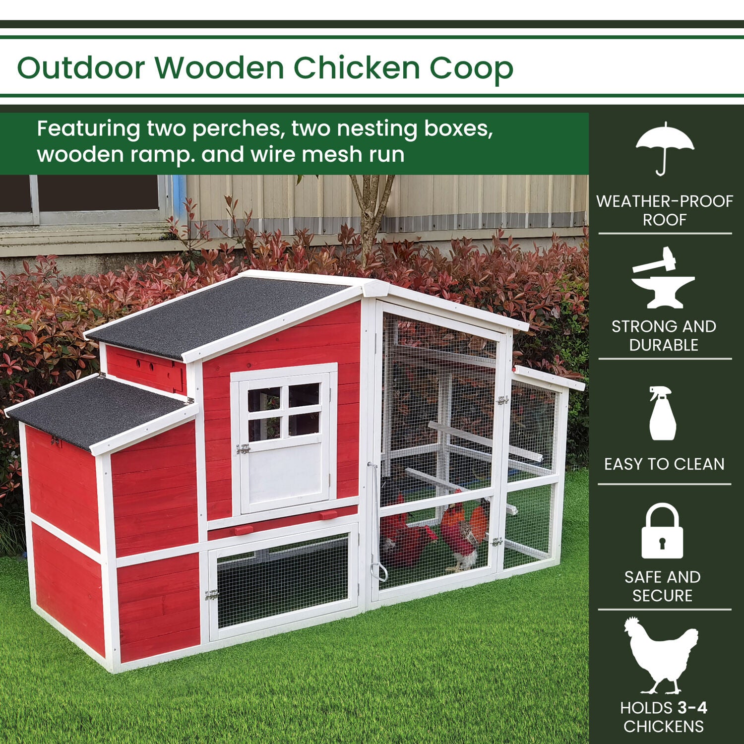 Hanover Outdoor Elevated Wooden Chicken Coop with Ramp, Wire Mesh Run, Waterproof Roof, Removable Tray, and External Door- HANCC0105-RED