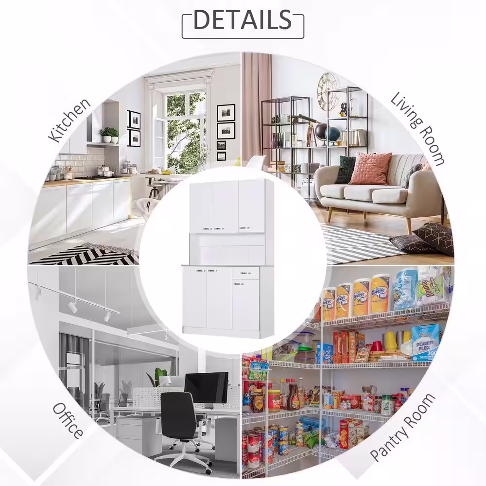 HOMCOM 71 in. White Freestanding Kitchen Cupboard with 3-Adjustable Shelves and 1-Drawer