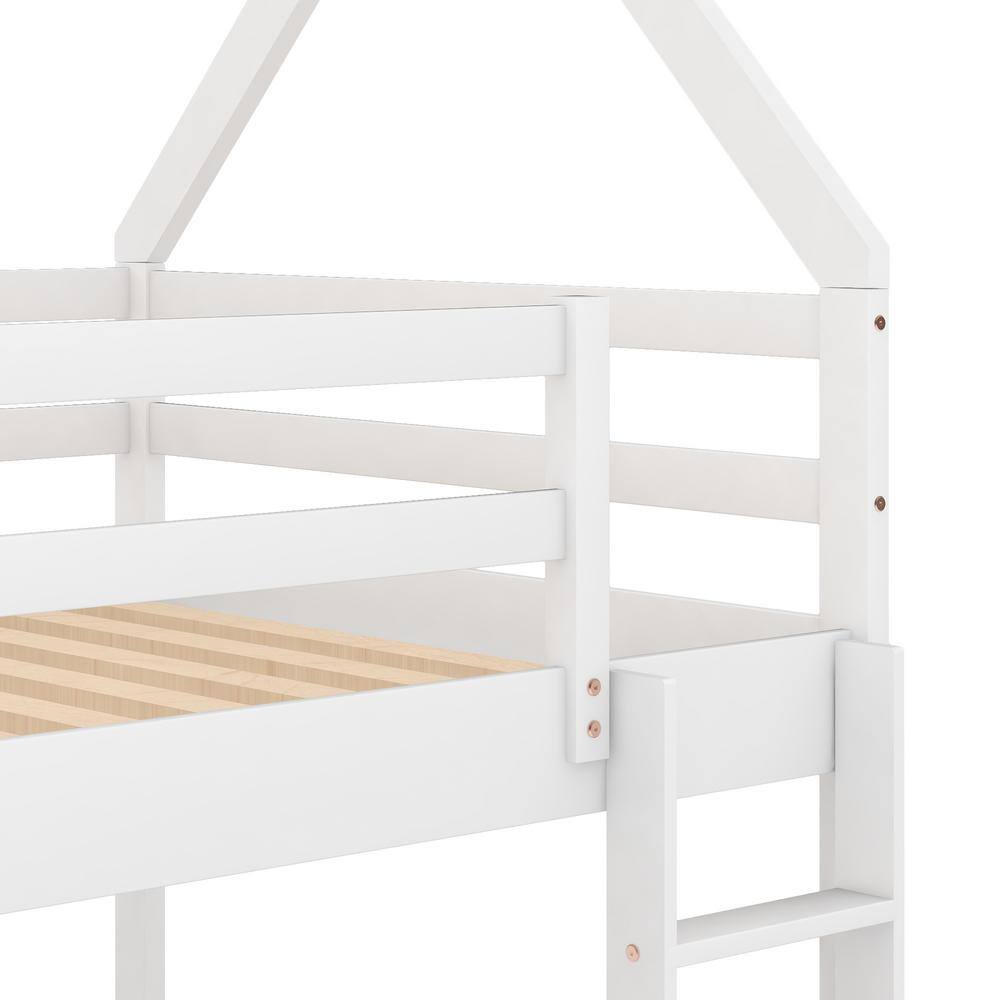 Harper & Bright Designs White Twin Over Twin Wood House Bunk Bed with Ladder