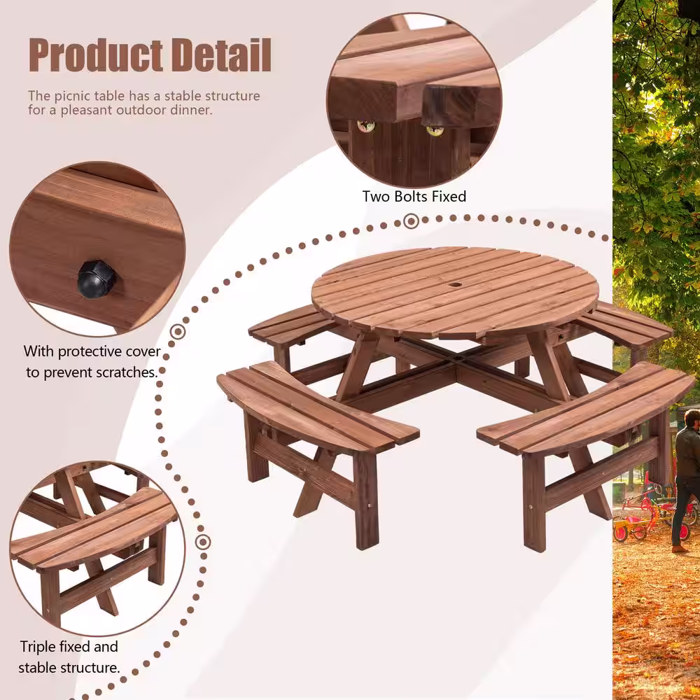None 8-Person Wooden Picnic Table with 4 Built-in Benches and Umbrella Hole