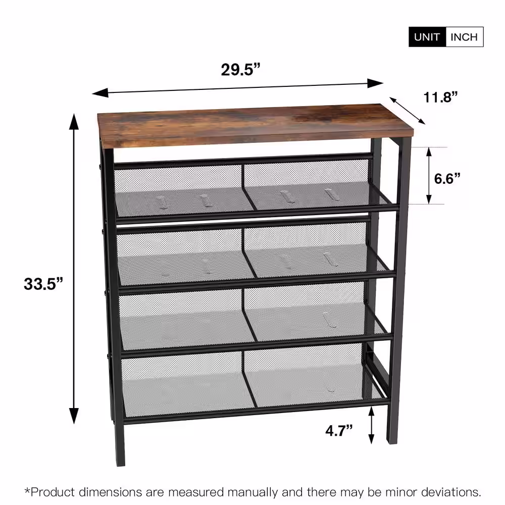 None 33.5 in. H 12-Pair Black Metal Frame Shoe Rack with Wooden Top