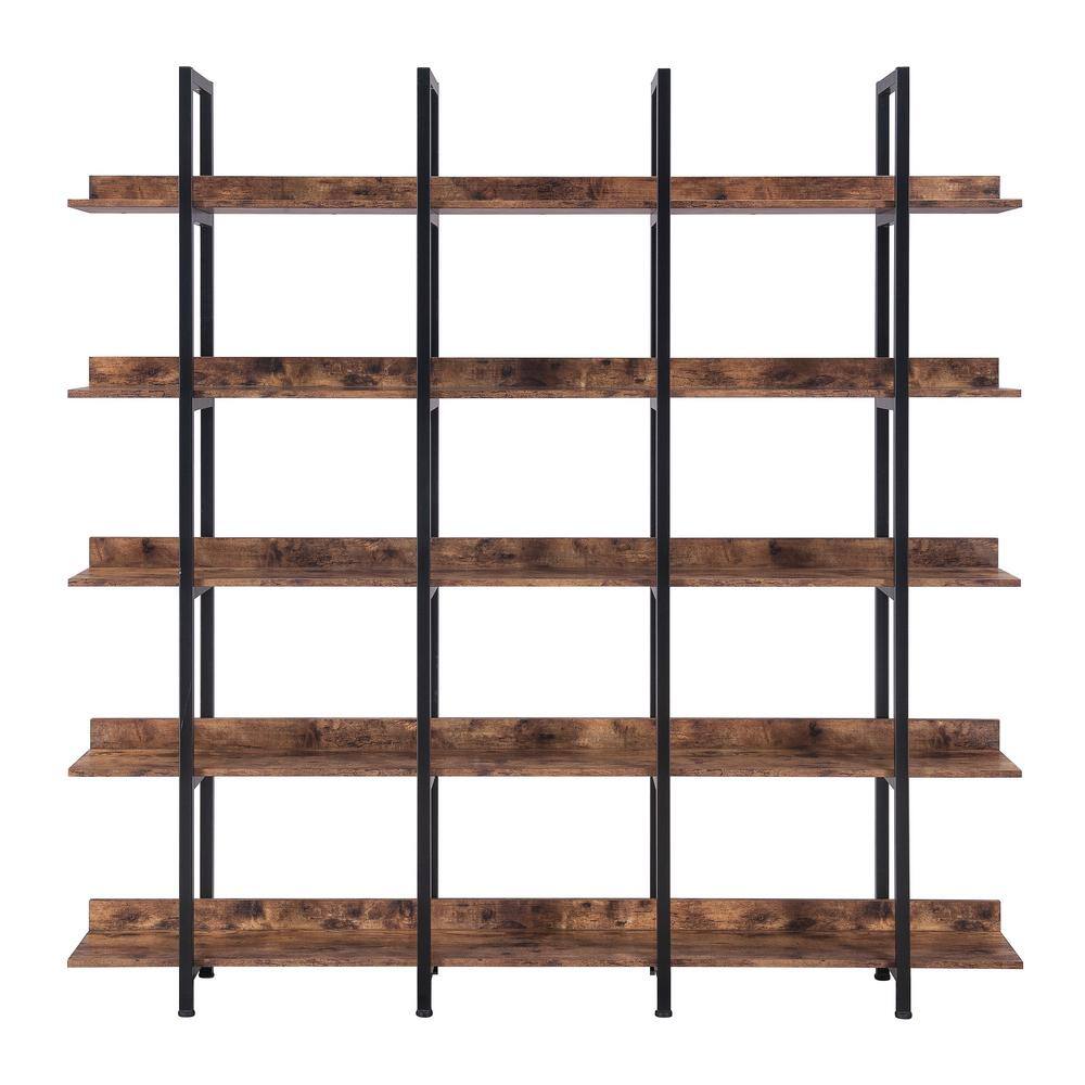Siavonce 11.81 in. W x 70.87 in. H x 70.87 in. D Brown 5 Tier Metal Frame Bookcase Home Office Open MDF Board Bookshelf