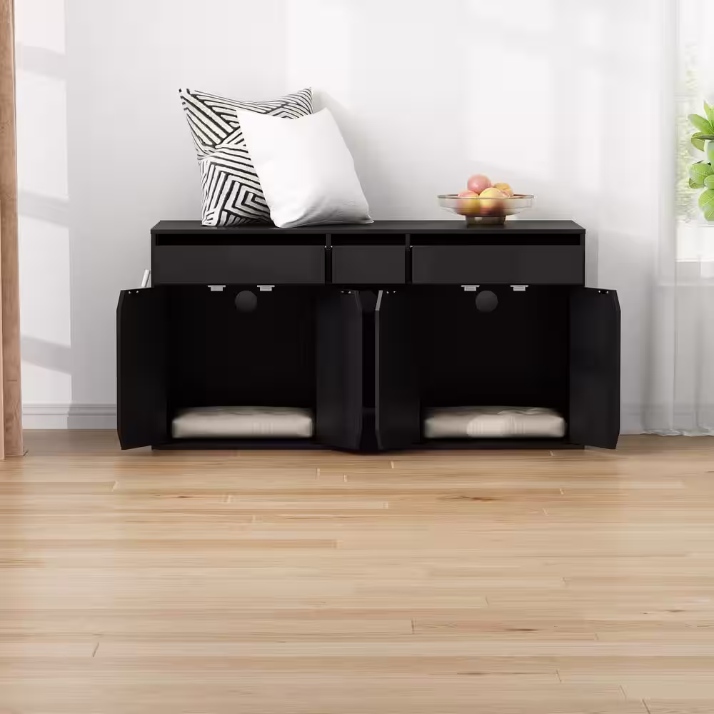 None Wooden Double Hidden Litter Box Furniture w/4 Doors and Litter Filter, Black Cat Washroom with Storage Space for 2 Cats