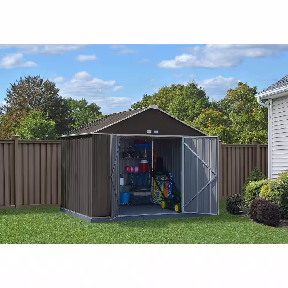 Arrow 10 ft. W x 8 ft. H x 8 ft. D EZEE Extra-High Galvanized Steel Gable Shed in Charcoal/Cream with Snap-IT Quick Assembly