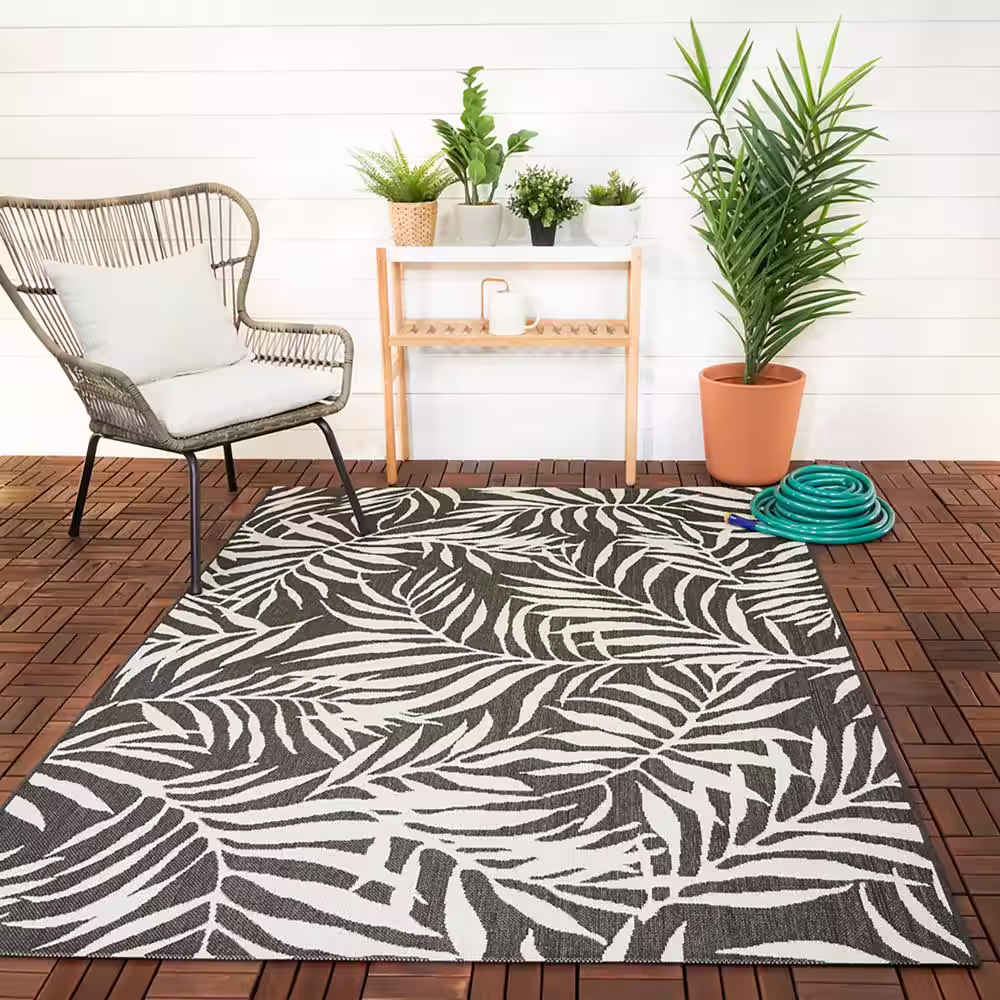 Hampton Bay Tropical Palm Leaves Black 8 ft. x 10 ft. Indoor/Outdoor Patio Area Rug