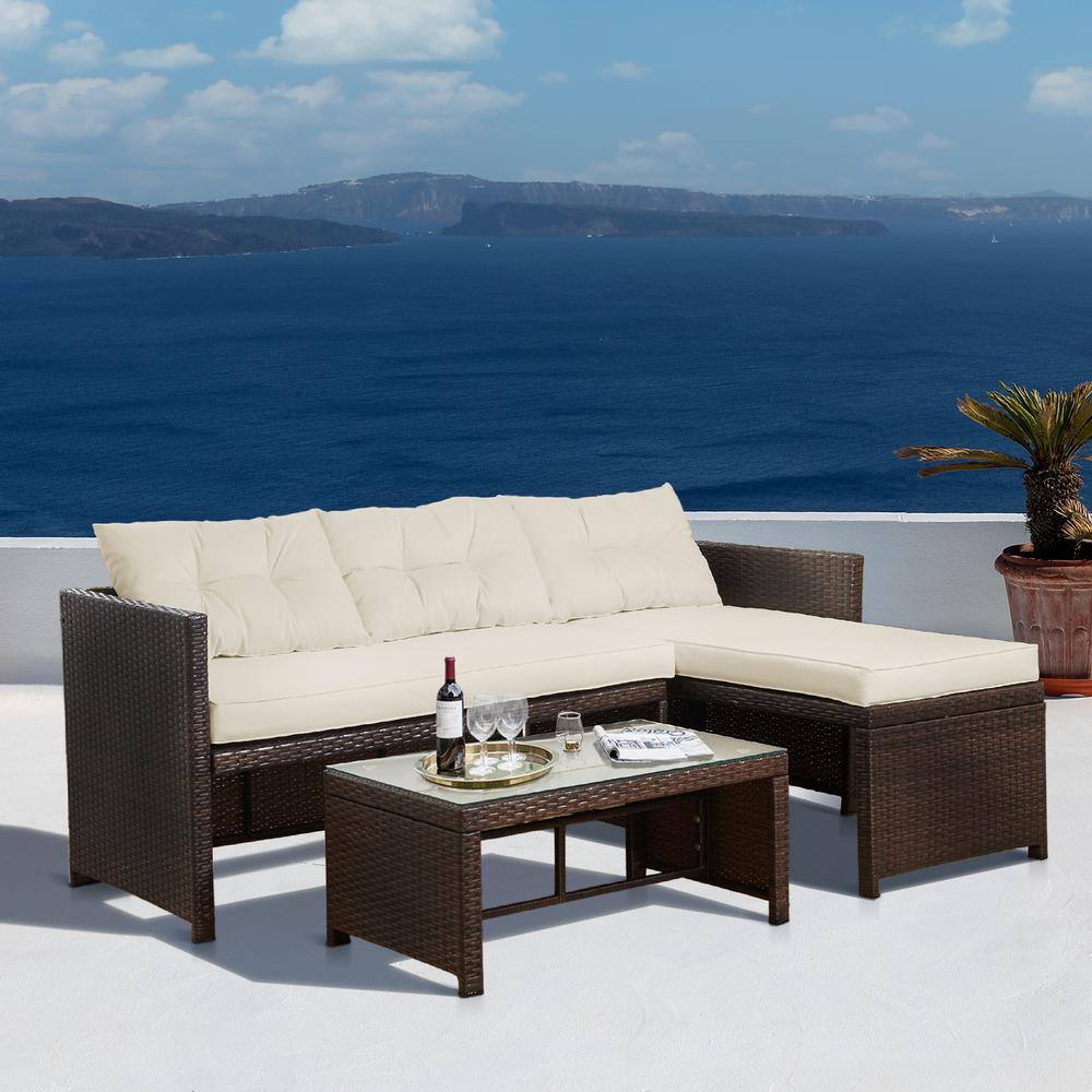 Teamson Home 3 Pieces Wicker Sectional Conversation Set with Cushions - Brown and White