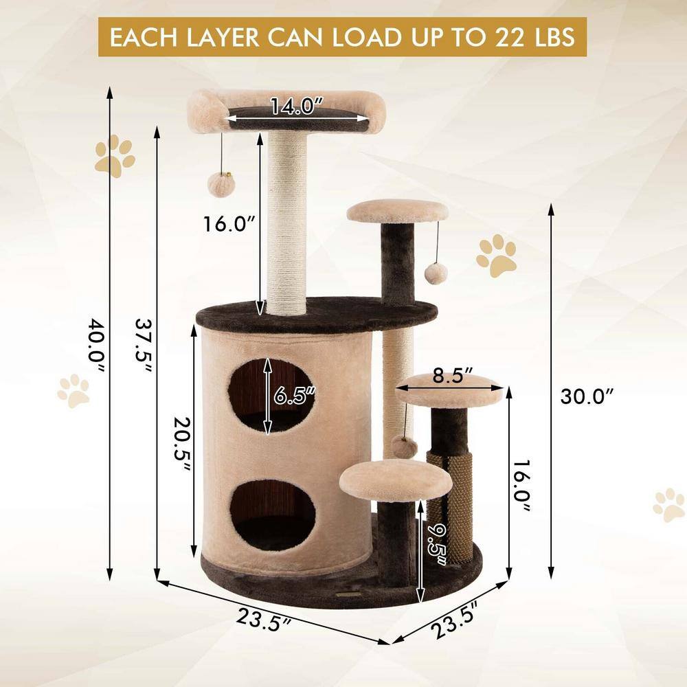 ANGELES HOME Brown 40 in. Cat Tree Tower Multi-Level Activity Tree with 2-Tier Cat-Hole Condo