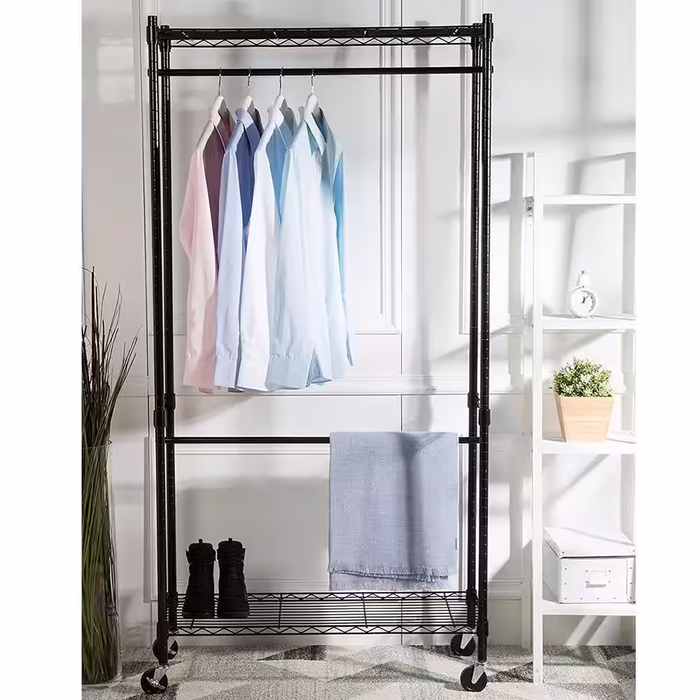None Black Metal Garment Clothes Rack Double Rods 35 in. W x 71 in. H