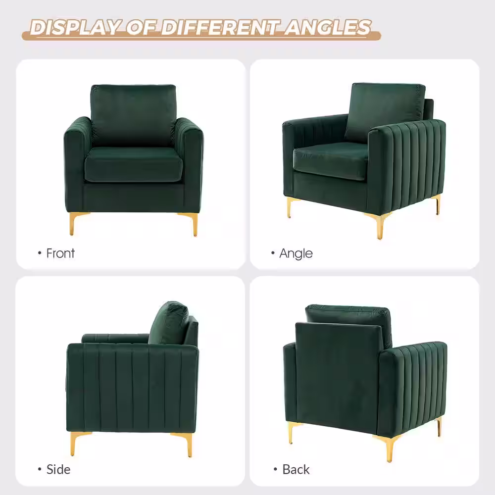 JAYDEN CREATION Ennomus Modern Green Velvet Cushion Back Club Chair with Golden Metal Legs and Track Arms (Set of 2)