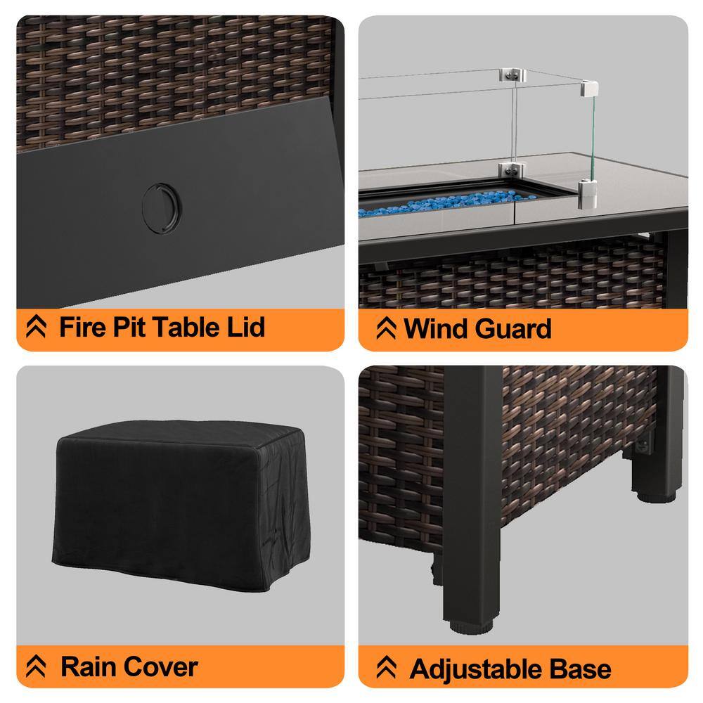 None 43 in. Dark Brown Rectangular Rattan Propane Gas Fire Pit Table 50,000-BTU with Ceramic Tabletop Water-Resistant Cover
