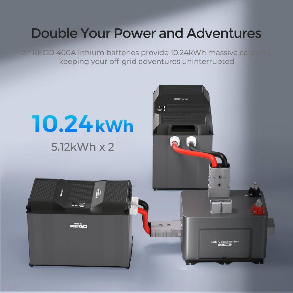Renogy 2PCS REGO 12V 400Ah Lithium Deep Cycle Battery w/1PCS REGO 3 Port 400A Battery Combiner Box, Backup Power for RV Outdoor