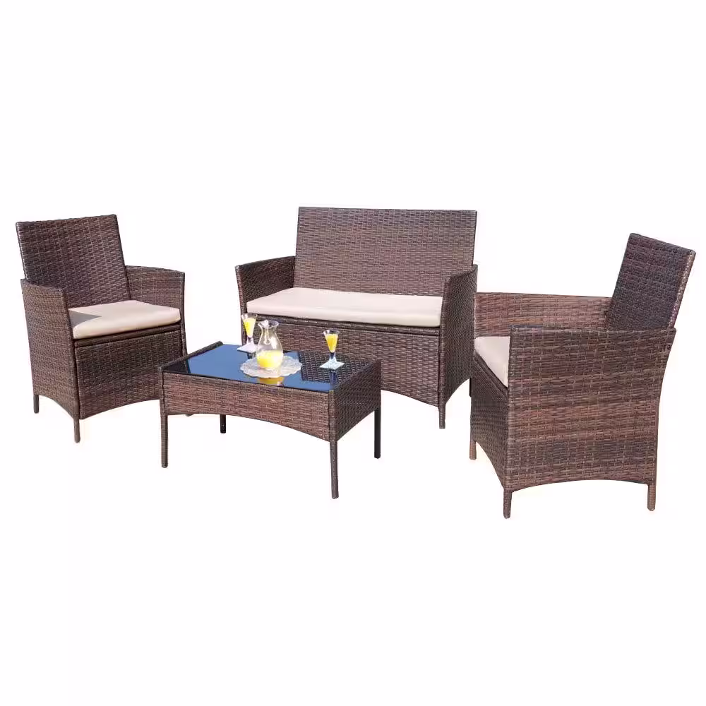 Tozey Brown 4-Pieces Wicker Outdoor Patio Furniture Sets Rattan Chair Wicker Set with Beige Cushion