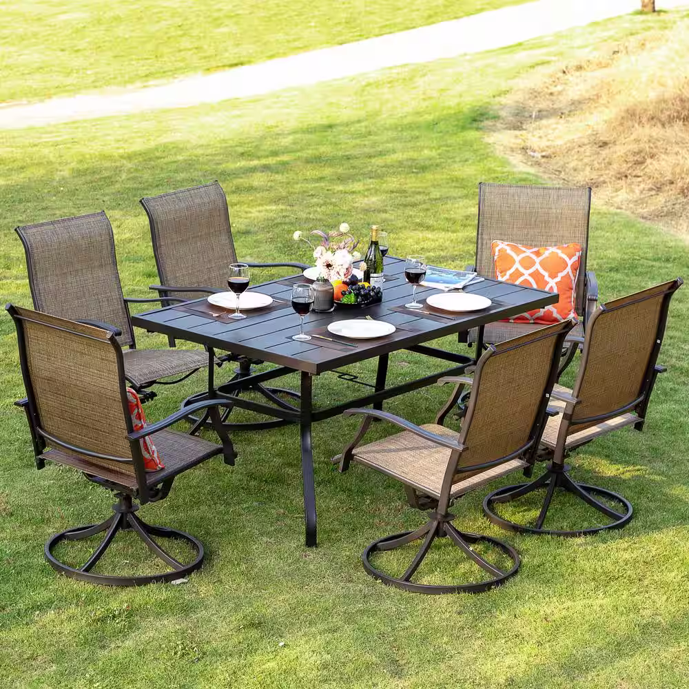Nuu Garden Brown 7-Piece Steel Sling Outdoor Patio Dining Set with Rectangular Table and Swivel Dining Chairs