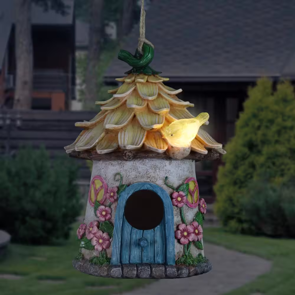 Exhart 6.5 in. x 9 in. Resin Solar Hand Painted Hanging Fairy House with Illuminating Bird Birdhouse
