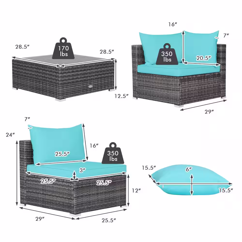 Costway 7-Piece Patio Rattan Furniture Set Sectional Sofa Cushioned Turquoise