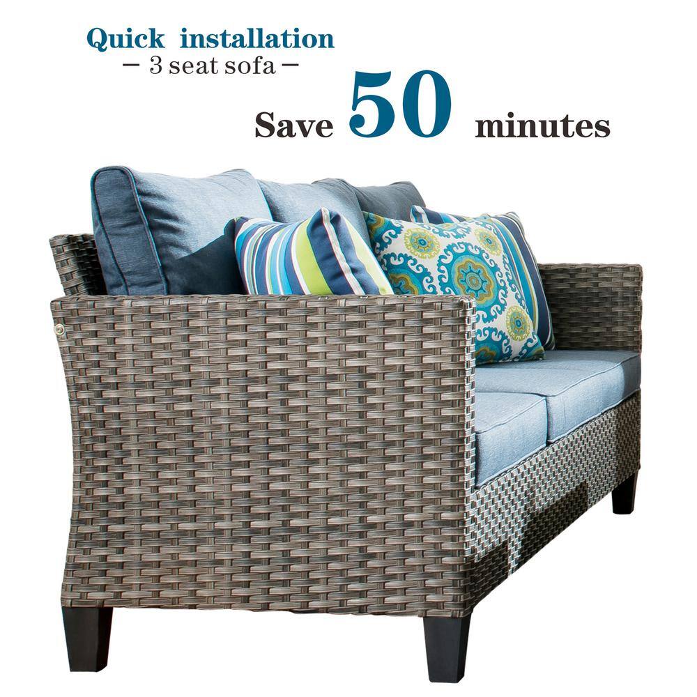 OVIOS New Star Gray 8-Piece Wicker Patio Conversation Seating Set with Blue Cushions and Swivel Chairs